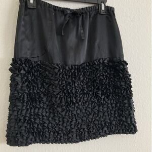 100% Silk Micro Ruffled Black Mini Skirt With Pockets Drawstrings Size S/M Japan